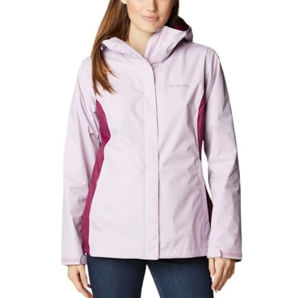 New COLUMBIA Omni-Tech Arcadia II Hooded Rain Jacket Colorblock Pink\Burg 2X - Picture 2 of 8